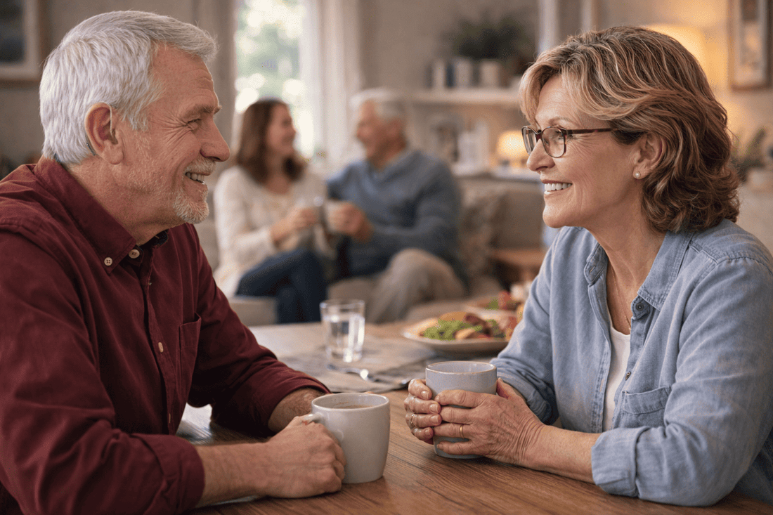 Adult choosing an OTC hearing aid for clearer daily conversations