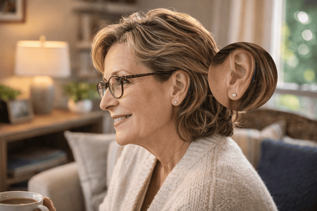 Adult wearing glasses comfortably with OTC hearing aids in daily life