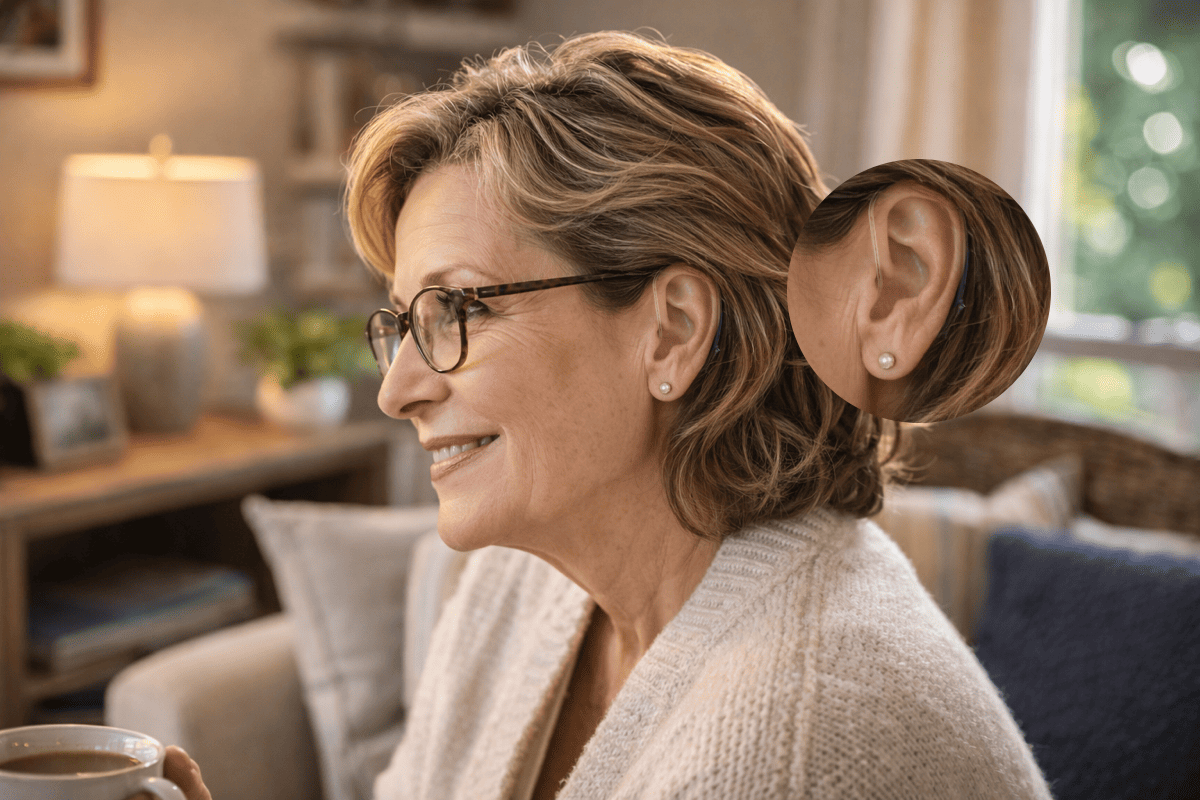 Adult wearing glasses comfortably with OTC hearing aids in daily life