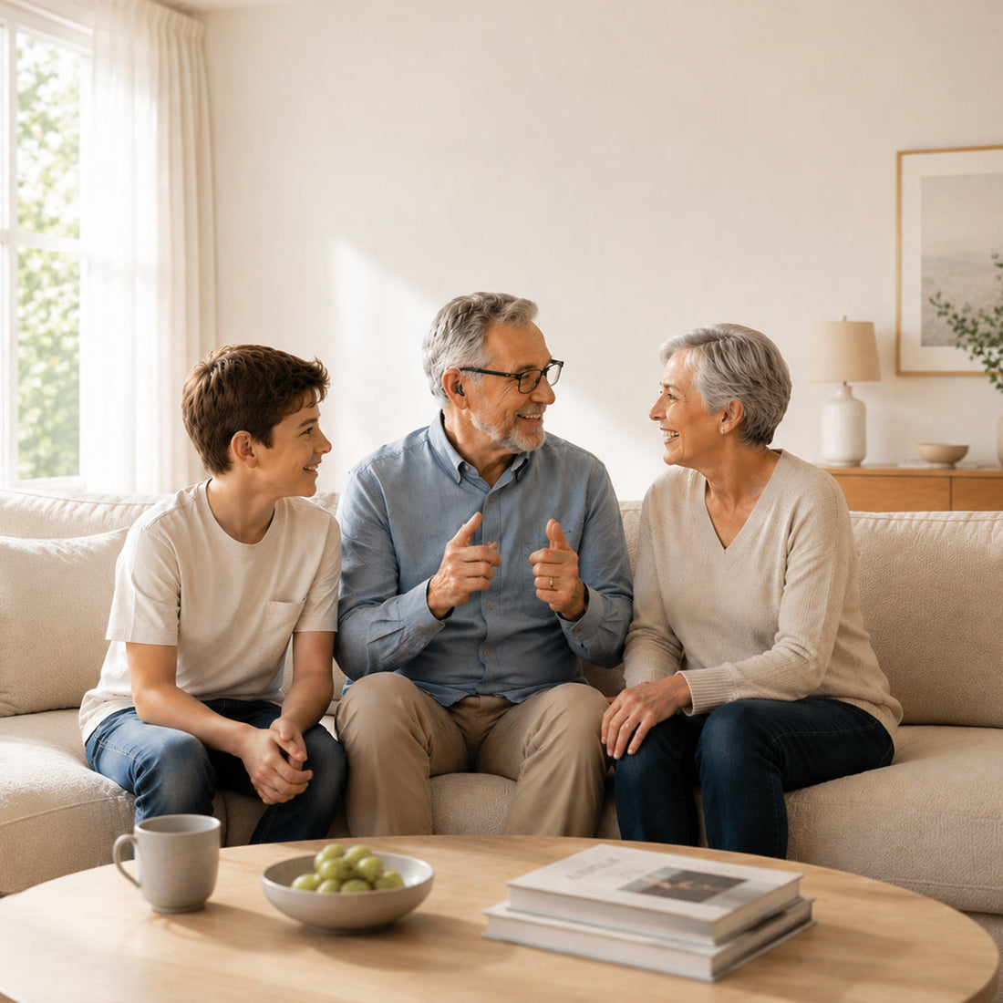 Older couple and young man having a conversation together in a bright living room.