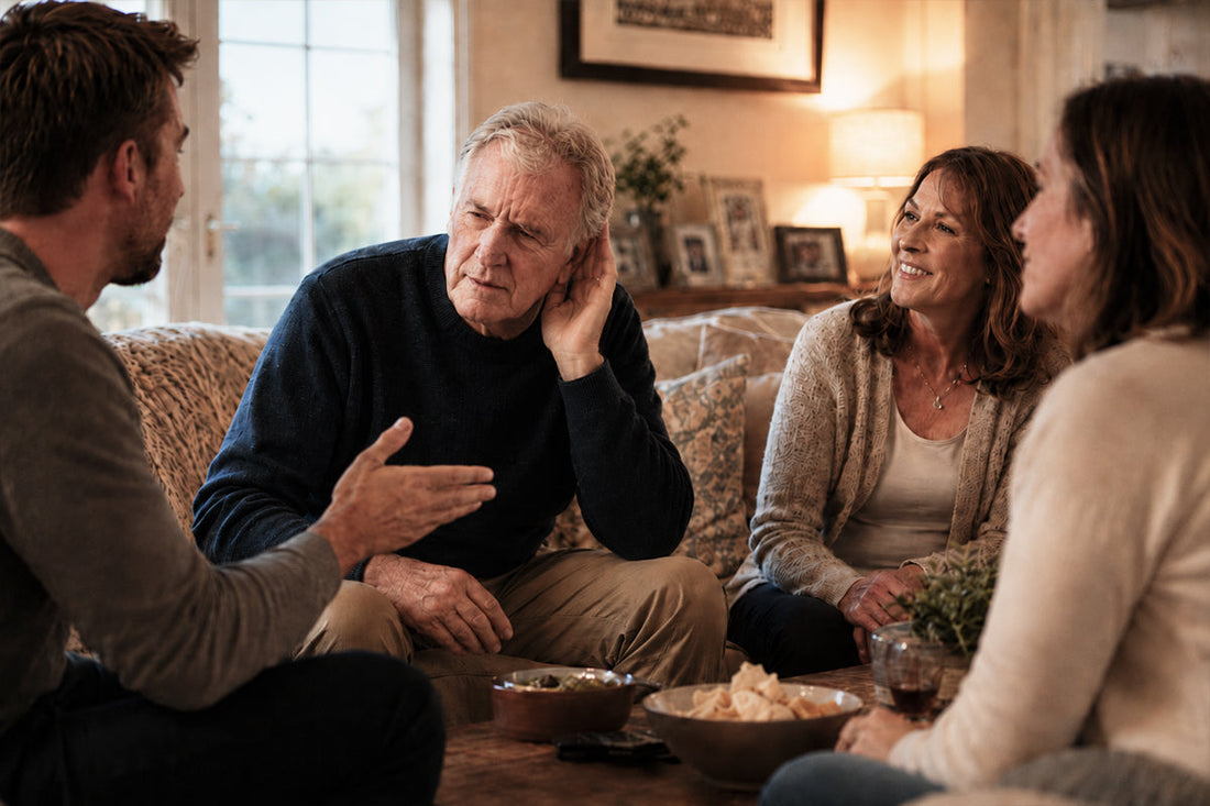 Older man cupping his ear while trying to hear a family conversation in a warm living room