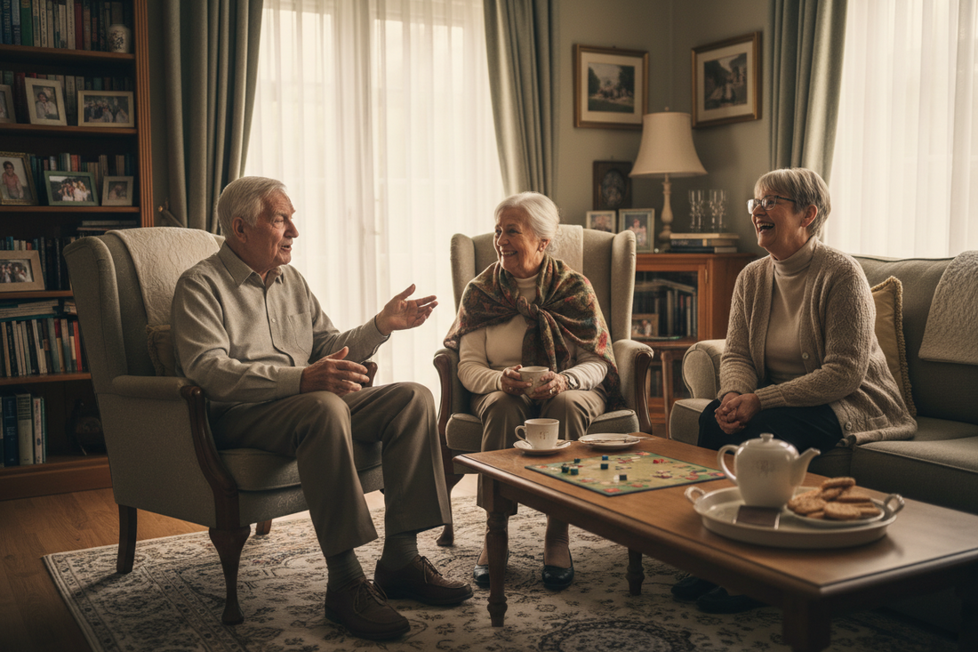 Older adults having a conversation in a living room