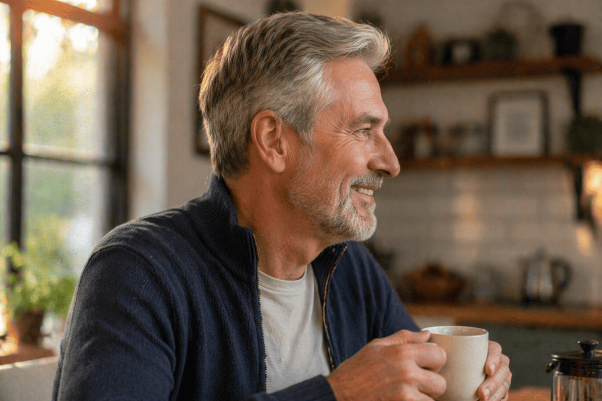 Adult exploring OTC hearing aids with whistle suppression for everyday comfort
