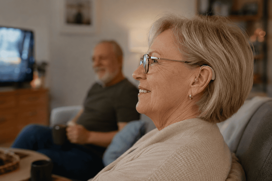 Adult making everyday hearing adjustments more comfortably with OTC hearing aids