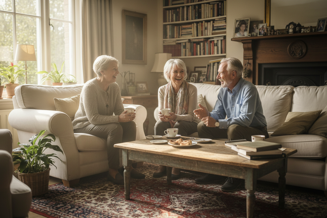 Adults having a comfortable conversation at home, representing everyday hearing support