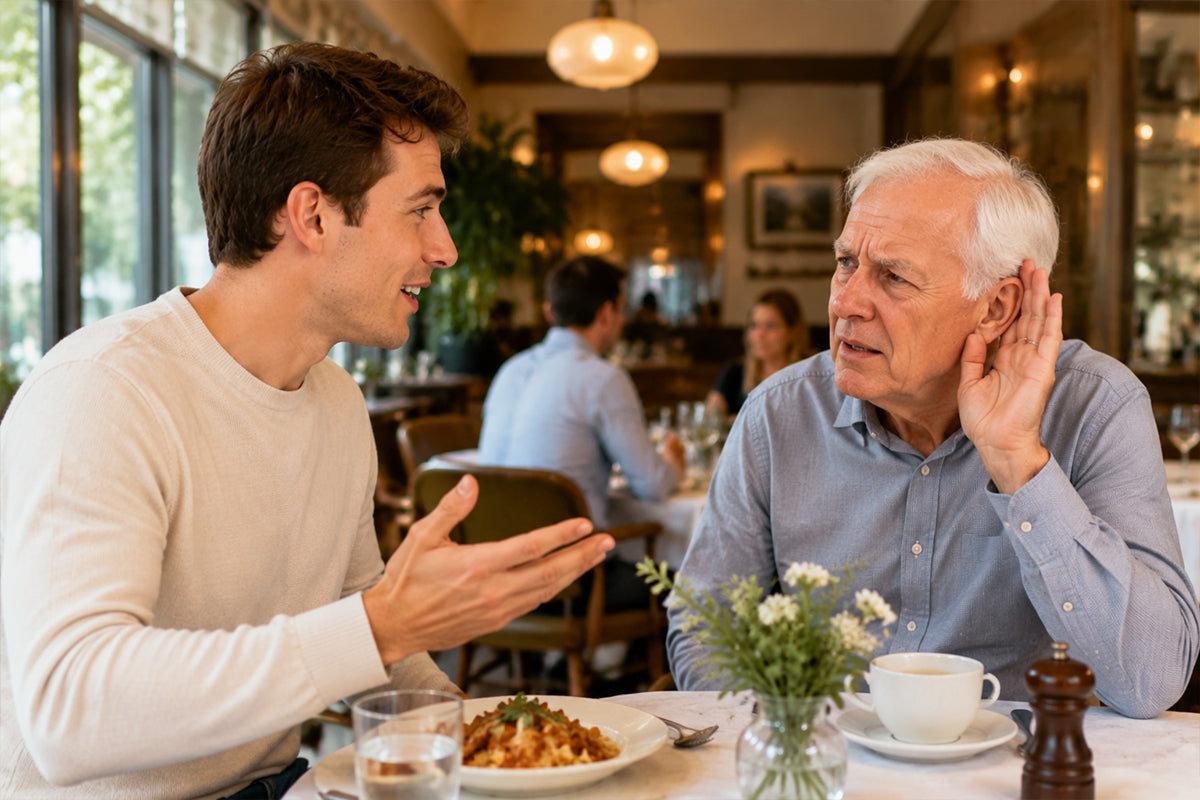 An elder man struggling to follow conversation in a noisy restaurant environment