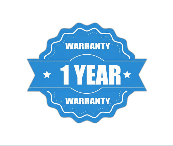 Blue warranty badge with '1 Year Warranty' text on a white background