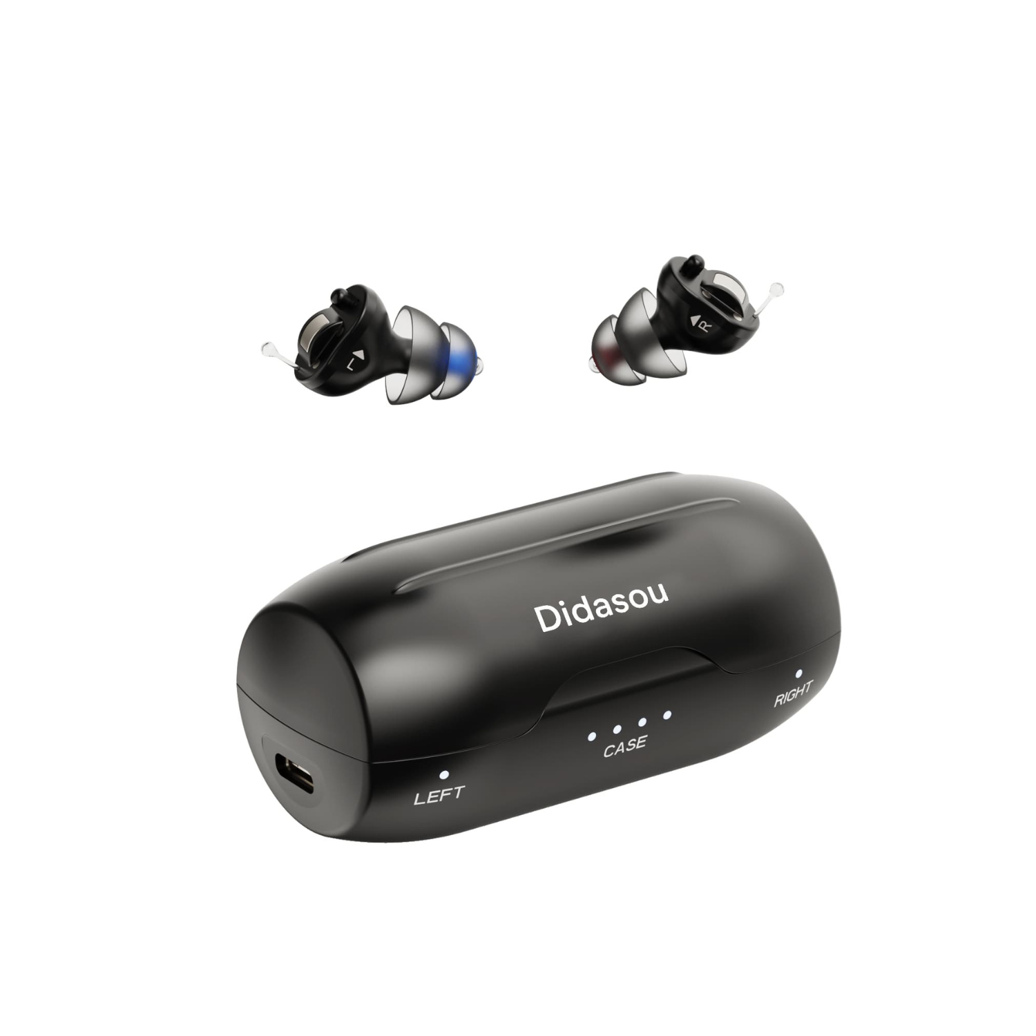 Closed Didasou CIC hearing aid charging case with earbuds placed outside