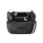 Pair of Didasou S2 hearing aids with charging case open on a white background