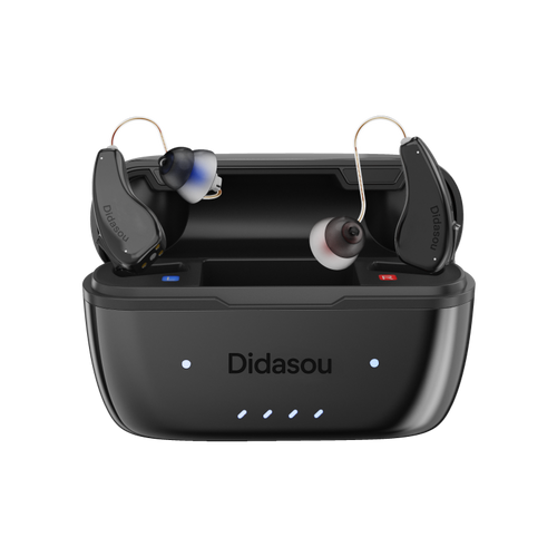 Pair of Didasou S2 hearing aids with charging case open on a white background